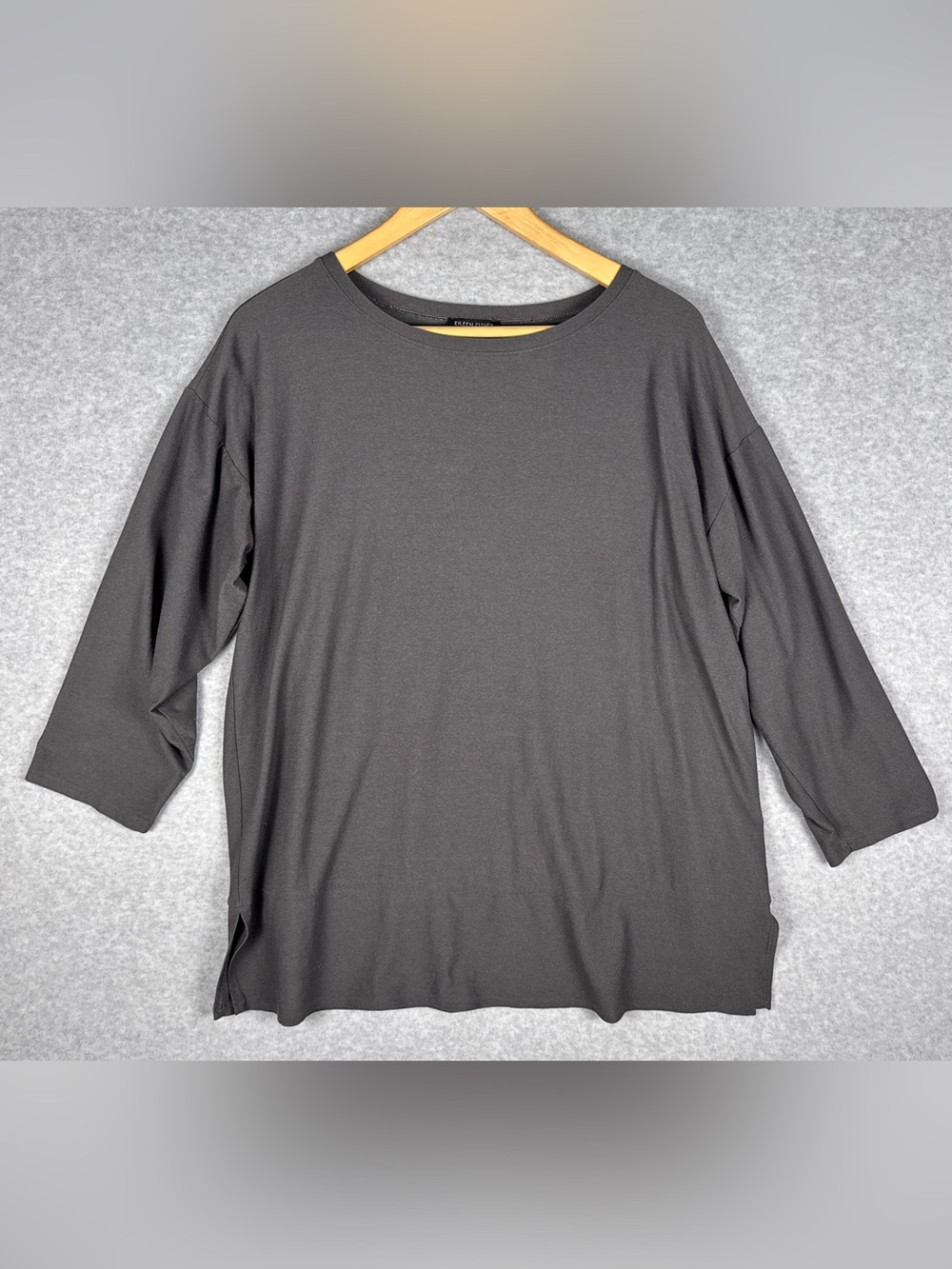 Eileen Fisher Tunic Top M Charcoal Gray Stretch Knit 3/4 Sleeve Side Slit